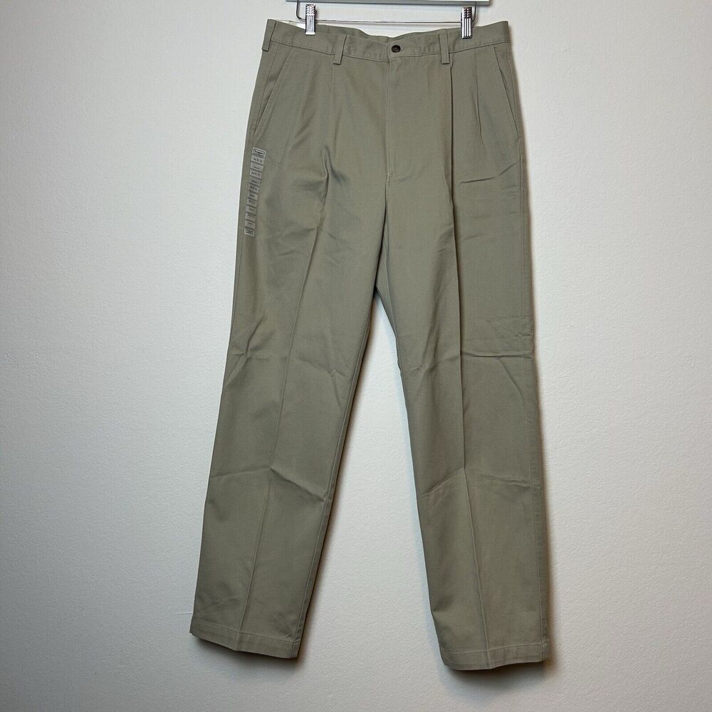 Haggar Pants Men's 34x32 Tan Khaki Premium Stretch Relaxed Fit Classic Casual